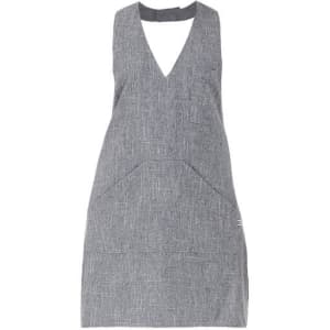 A grey apron featuring a V-neck design with a large front pocket and a side slit. It has a logo on the hem.