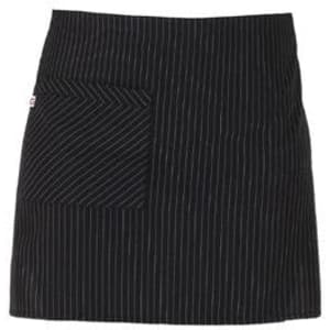 A black pinstriped apron featuring a large pocket and a logo. Suitable for culinary or service use.