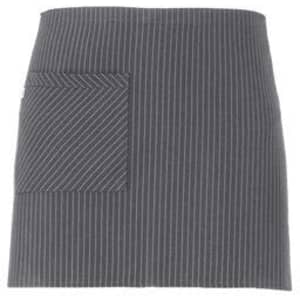 A grey striped apron featuring a front pocket and a simple design, suitable for kitchen or dining use.