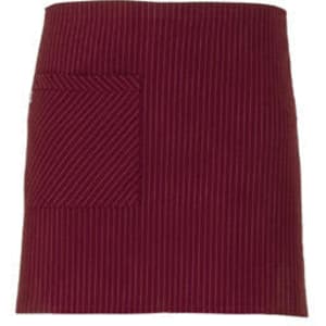 A maroon striped apron with a large pocket on the front, featuring a logo at the top.