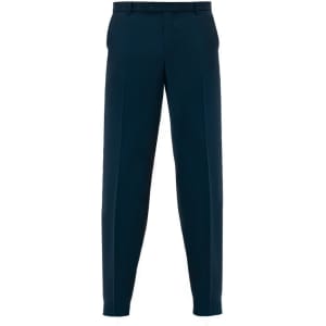 Navy trousers featuring a classic cut and front crease, accompanied by a logo on the waistband.