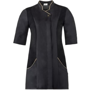 A black Atena Tunic with short sleeves, featuring a stylish design and gold detailing. Brand logo present.