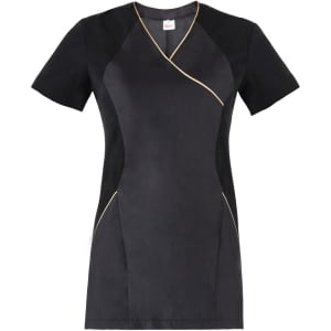 A black tunic featuring a stylish design with contrasting panels and gold piping. It has short sleeves and a logo.