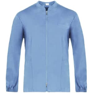 A blue tunic with a zip front, long sleeves, and a chest pocket. It has a simple, minimalist design.