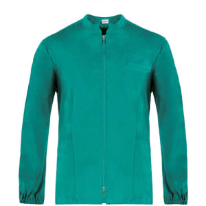 A turquoise tunic with a zip front and a chest pocket, featuring long sleeves and a simple design.