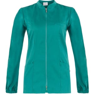 A teal tunic with a zip front, long sleeves, and two front pockets, featuring a small logo.