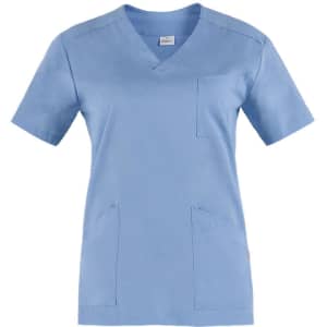 A light blue tunic with a v-neck and short sleeves, featuring a chest pocket and two front pockets.