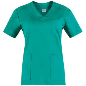 A teal tunic top with a v-neck, short sleeves, and two front pockets. It features a brand logo.