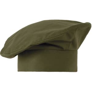 A green chef hat with a tall, soft crown and a flat top, featuring a simple design.