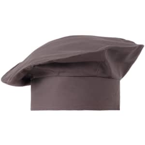 A chef hat in a dark brown colour, with a wide brim and a classic beret style, featuring a logo.