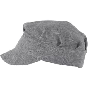 A grey Tommy Hat with a structured design and a wide, curved brim. It features a branding logo.