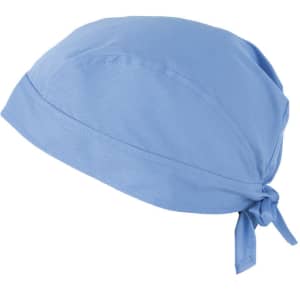 A blue bandana with a tied back design and a smooth fabric texture. It features branding on one side.
