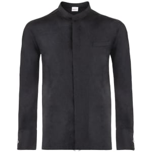 A black Paul Jacket featuring a collared neck, long sleeves, and a single chest pocket. It has a logo.