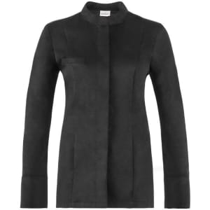 A black Denise Jacket features a sleek design with a high collar and long sleeves. It has a small pocket on the front.