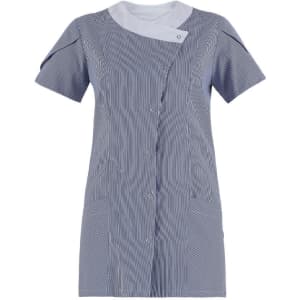 A striped blue and white tunic with short sleeves and two front pockets, featuring a button closure and a collar.