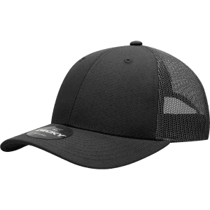 A low-profile structured trucker cap in black with a mesh back and a circular logo.