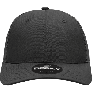 A 6-panel low profile structured trucker cap in black with a logo on the front.