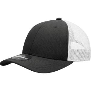 A black and white 6 Panel Low Pro Cotton Trucker hat with a mesh back and a logo.