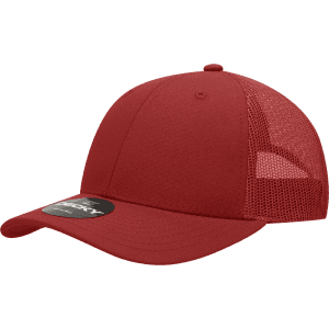 A red six-panel low profile structured trucker cap with a mesh back and a logo.