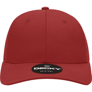 A red 6 panel low profile structured trucker cap with a branded patch on the front.