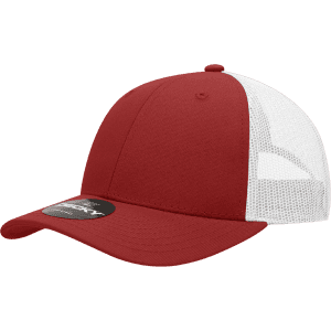 A red and white structured trucker cap with a mesh back and logo on the front.