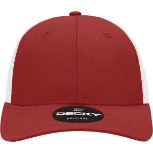 A red and white 6-panel low profile structured trucker cap with a logo on the front.