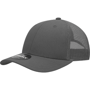 A grey 6 panel low profile structured trucker cap with a mesh back and a curved brim.