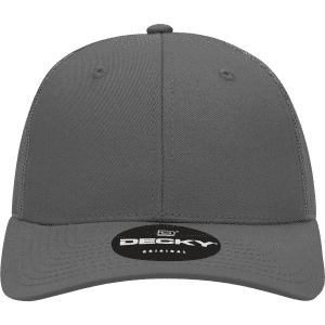 A grey 6 Panel Low Profile Structured Trucker cap featuring a logo on the front.