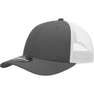 A grey and white 6-panel low profile structured trucker cap featuring a mesh back and a branded tag on the front.