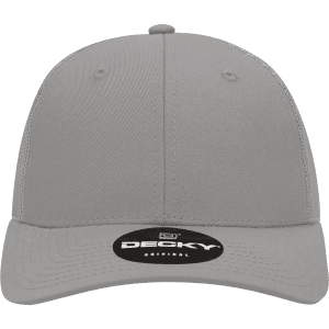 A grey 6-panel low profile structured trucker cap with a branded logo on the front.
