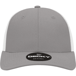 A grey low profile structured trucker cap with white mesh sides and a branded logo on the front.