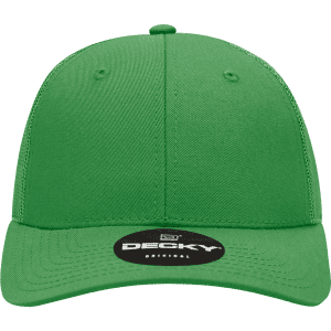 A green 6 Panel Low Profile Structured Trucker cap with a branded logo on the front.