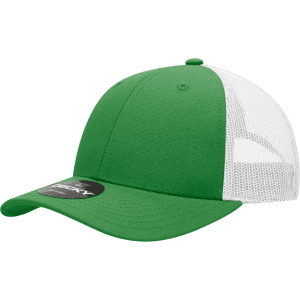 A green 6-panel low profile structured trucker cap with a white mesh back and a branded tag.