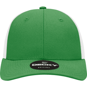 A green low-profile structured trucker cap with white panels and a branded logo on the front.