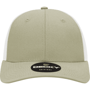 A low-profile structured trucker cap in muted khaki with white mesh panels and a logo on the front.