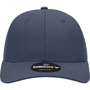 A navy blue 6-panel low profile structured trucker cap with a logo on the front.