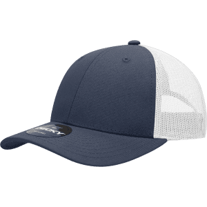 A navy blue cap featuring a structured design and a white mesh back, adorned with a logo.