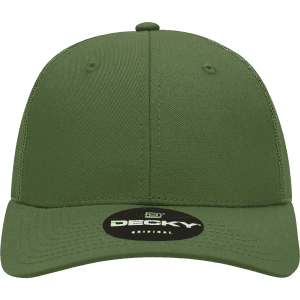 A green, low-profile structured trucker cap featuring a logo on the front.