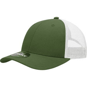 A green 6-panel low profile structured trucker cap with a white mesh back and curved brim. Features a logo.