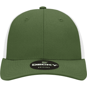 A green low-profile structured trucker cap with white mesh panels and a branded label on the front.