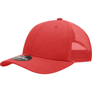 A red 6-panel low profile structured trucker hat with a mesh side and back, featuring a logo on the front.