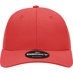 A red structured trucker cap with a curved brim and a logo on the front.