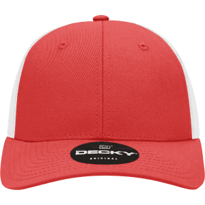 A red trucker cap with a low profile and structured design, featuring white mesh sides and a logo on the front.