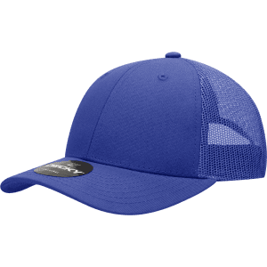 A blue low-profile structured trucker cap featuring mesh panels and a branded logo.