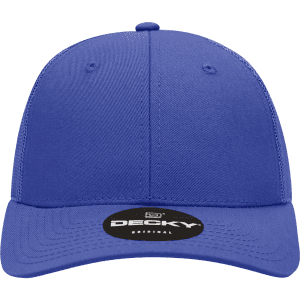 A structured trucker cap in vibrant blue featuring a round logo on the front.