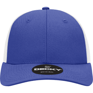 A blue and white structured trucker cap featuring a logo on the front.