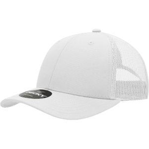 A white 6-panel low profile structured trucker cap with a mesh back and a curved brim.