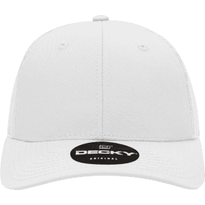 A white 6-panel low profile structured trucker cap with a rounded bill and a logo on the front.