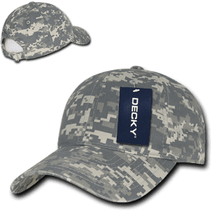 A grey camouflage dad hat with a low profile and relaxed fit, featuring a branding label.