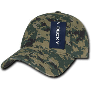 A camo dad hat featuring a relaxed six-panel design in various shades of green and brown, complete with a logo.